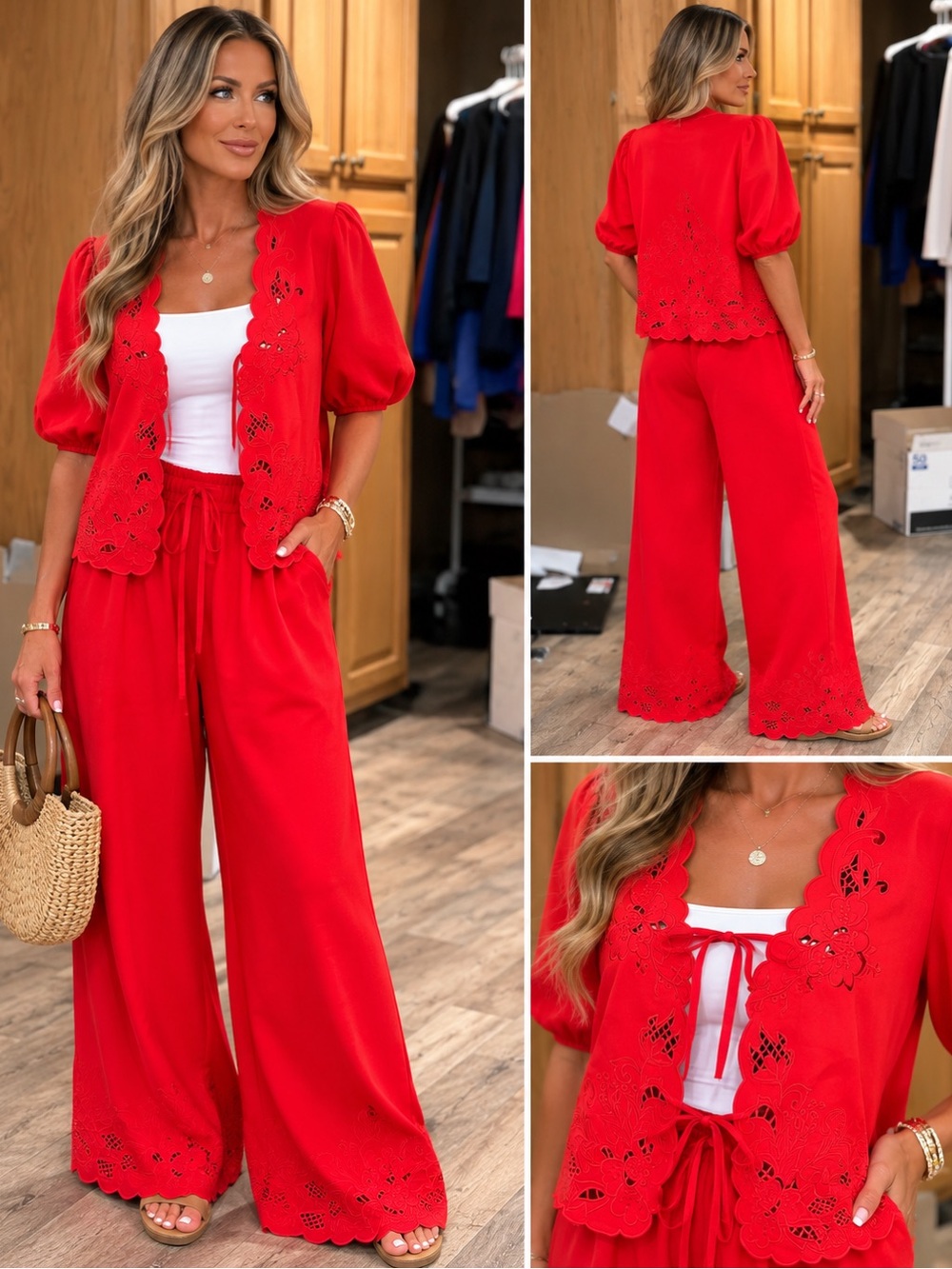 entro Red Eyelet Wide-Leg Pants & Cropped Cardigan Set